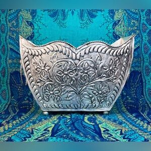 Vintage Hammered Metal Floral Embossed Decorative Planter Container